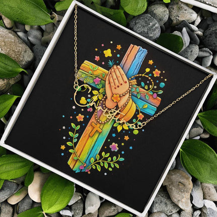 Rainbow Cross Praying Hands | Christian Signature Name Necklace | Gift for Kids