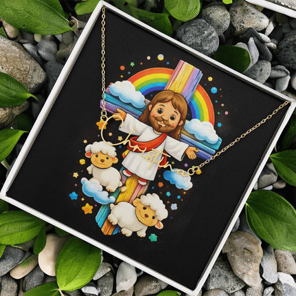 Rainbow Cross Jesus And Lamb | Christian Signature Name Necklace | Gift for Kids