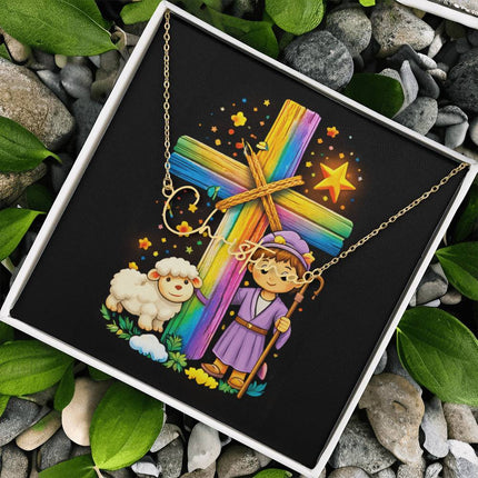 Rainbow Cross Little Shepherd | Christian Signature Name Necklace | Gift for Kids