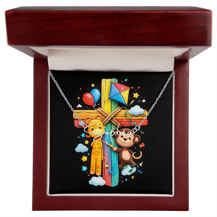 Rainbow Cross Jungle Animals | Christian Signature Name Necklace | Gift for Kids