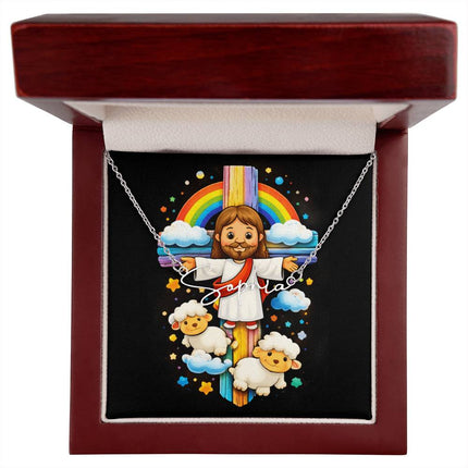 Rainbow Cross Jesus And Lamb | Christian Signature Name Necklace | Gift for Kids