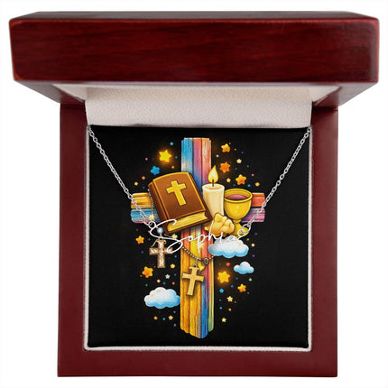 Rainbow Cross Bible And Cross | Christian Signature Name Necklace | Gift for Kids