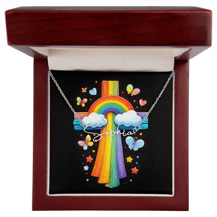 Rainbow Cross Butterfly | Christian Signature Name Necklace | Gift for Kids