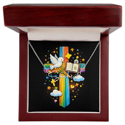Rainbow Cross Open Bible | Christian Signature Name Necklace | Gift for Kids