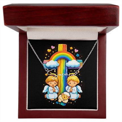 Rainbow Cross Cherub Angels | Christian Signature Name Necklace | Gift for Kids