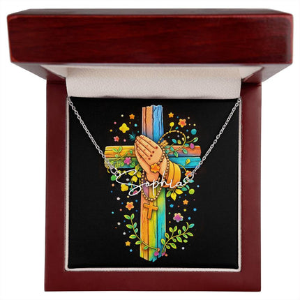 Rainbow Cross Praying Hands | Christian Signature Name Necklace | Gift for Kids