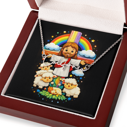 Jesus And Little Lambs | Christian Signature Name Necklace | Gift for Kids