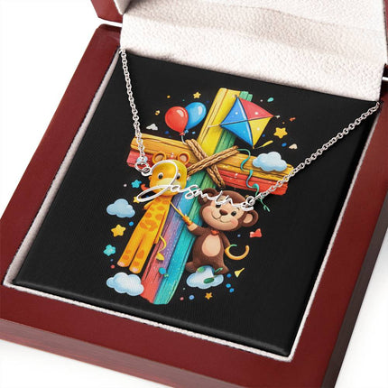Rainbow Cross Jungle Animals | Christian Signature Name Necklace | Gift for Kids