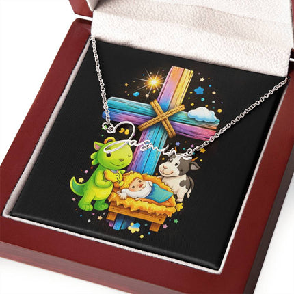 Rainbow Cross Frog And Cow | Christian Signature Name Necklace | Gift for Kids