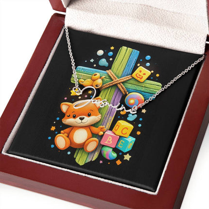 Rainbow Cross Little Fox | Christian Signature Name Necklace | Gift for Kids