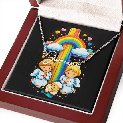 Rainbow Cross Cherub Angels | Christian Signature Name Necklace | Gift for Kids