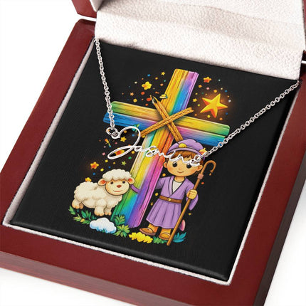 Rainbow Cross Little Shepherd | Christian Signature Name Necklace | Gift for Kids