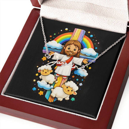 Rainbow Cross Jesus And Lamb | Christian Signature Name Necklace | Gift for Kids