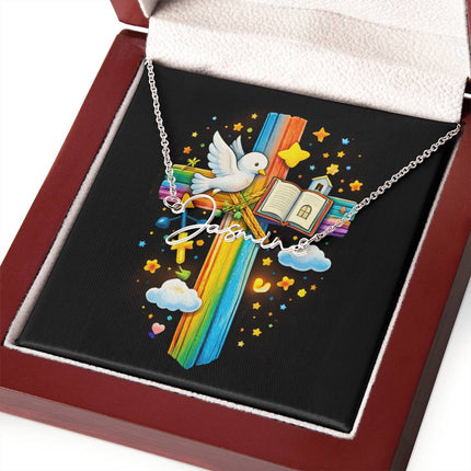 Rainbow Cross Open Bible | Christian Signature Name Necklace | Gift for Kids