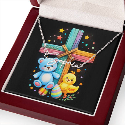 Rainbow Cross Teddy Bear | Christian Signature Name Necklace | Gift for Kids