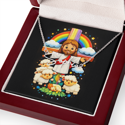Jesus And Little Lambs | Christian Signature Name Necklace | Gift for Kids