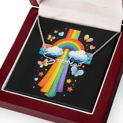 Rainbow Cross Butterfly | Christian Signature Name Necklace | Gift for Kids