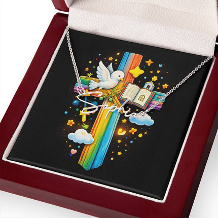 Rainbow Cross Open Bible | Christian Signature Name Necklace | Gift for Kids