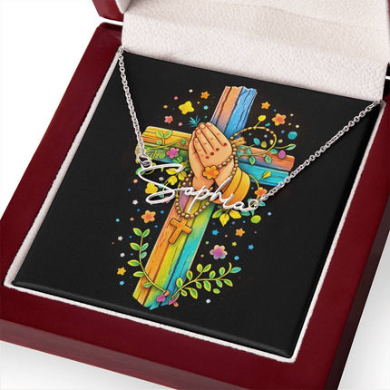 Rainbow Cross Praying Hands | Christian Signature Name Necklace | Gift for Kids