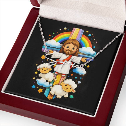 Rainbow Cross Jesus And Lamb | Christian Signature Name Necklace | Gift for Kids