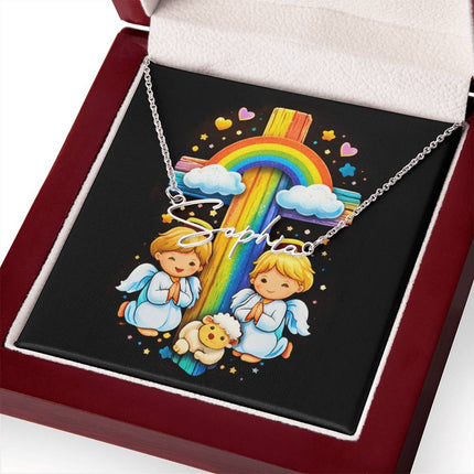 Rainbow Cross Cherub Angels | Christian Signature Name Necklace | Gift for Kids