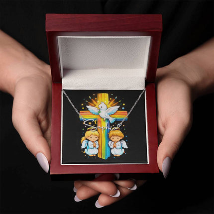 Rainbow Cross Angels And Dove | Christian Signature Name Necklace | Gift for Kids