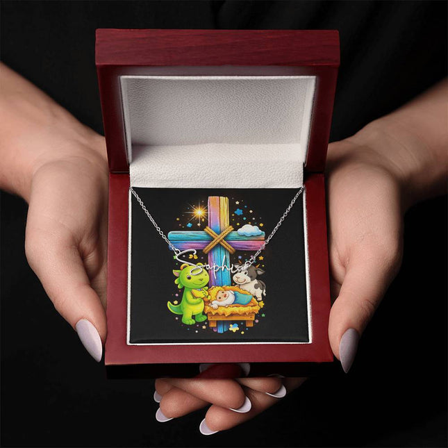 Rainbow Cross Frog And Cow | Christian Signature Name Necklace | Gift for Kids