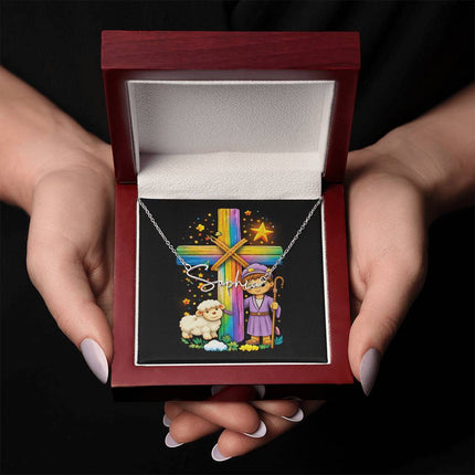 Rainbow Cross Little Shepherd | Christian Signature Name Necklace | Gift for Kids