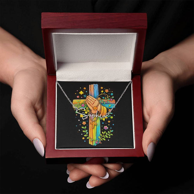 Rainbow Cross Praying Hands | Christian Signature Name Necklace | Gift for Kids