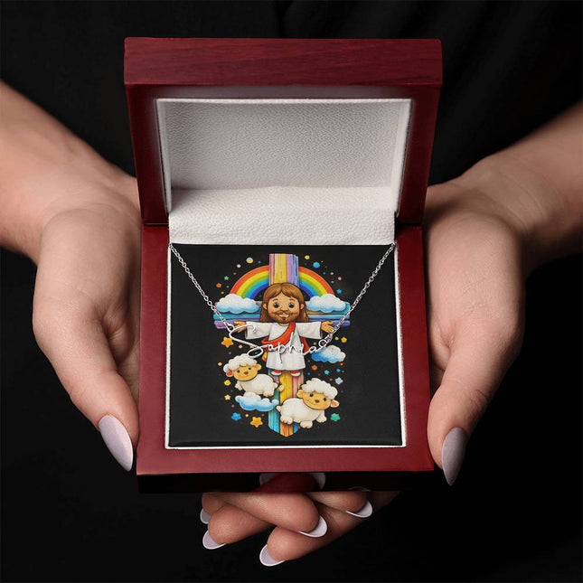 Rainbow Cross Jesus And Lamb | Christian Signature Name Necklace | Gift for Kids