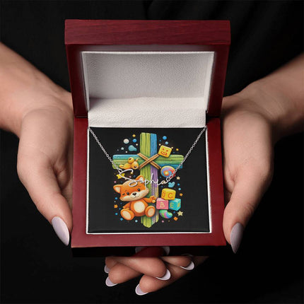 Rainbow Cross Little Fox | Christian Signature Name Necklace | Gift for Kids