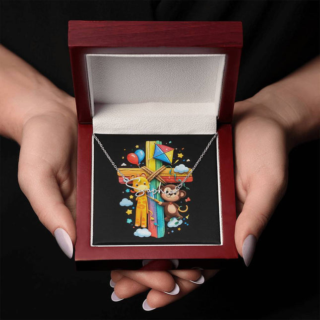 Rainbow Cross Jungle Animals | Christian Signature Name Necklace | Gift for Kids