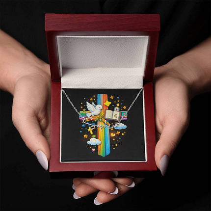 Rainbow Cross Open Bible | Christian Signature Name Necklace | Gift for Kids
