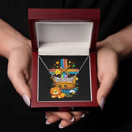 Rainbow Cross Noahs Ark | Christian Signature Name Necklace | Gift for Kids