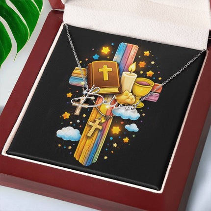 Rainbow Cross Bible And Cross | Christian Signature Name Necklace | Gift for Kids