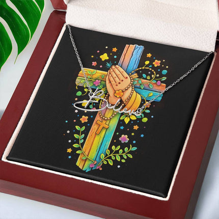 Rainbow Cross Praying Hands | Christian Signature Name Necklace | Gift for Kids