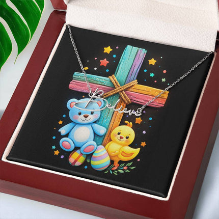 Rainbow Cross Teddy Bear | Christian Signature Name Necklace | Gift for Kids