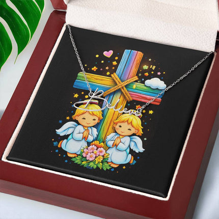 Rainbow Cross Angel Twins | Christian Signature Name Necklace | Gift for Kids