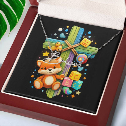 Rainbow Cross Little Fox | Christian Signature Name Necklace | Gift for Kids