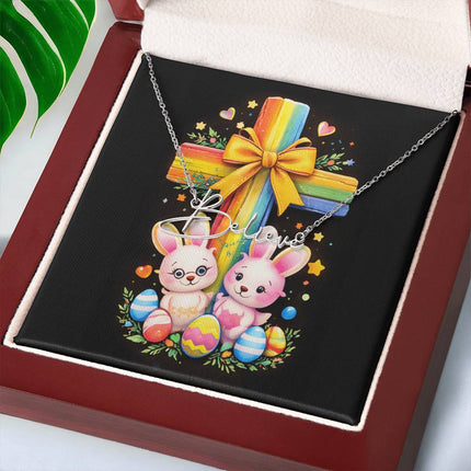 Rainbow Cross Bunnies | Christian Signature Name Necklace | Gift for Kids