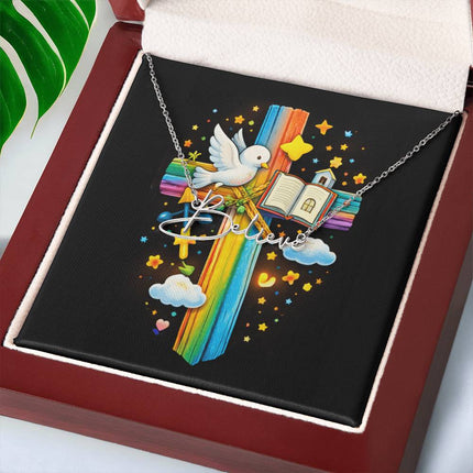 Rainbow Cross Open Bible | Christian Signature Name Necklace | Gift for Kids