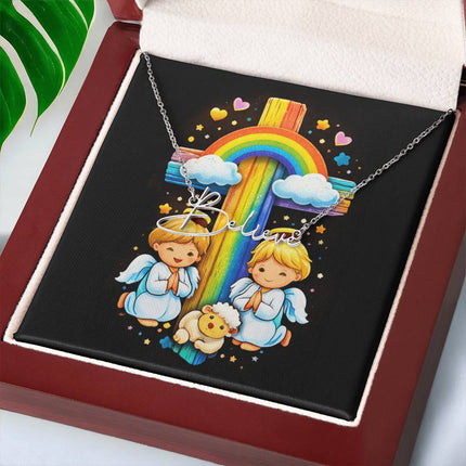 Rainbow Cross Cherub Angels | Christian Signature Name Necklace | Gift for Kids