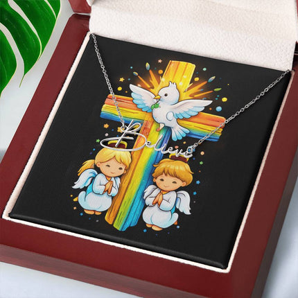Rainbow Cross Angels And Dove | Christian Signature Name Necklace | Gift for Kids