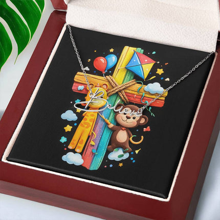 Rainbow Cross Jungle Animals | Christian Signature Name Necklace | Gift for Kids
