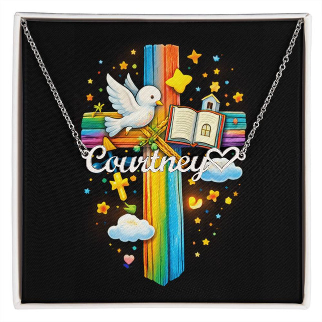 Rainbow Cross Open Bible | Christian Heart Name Necklace | Gift for Kids
