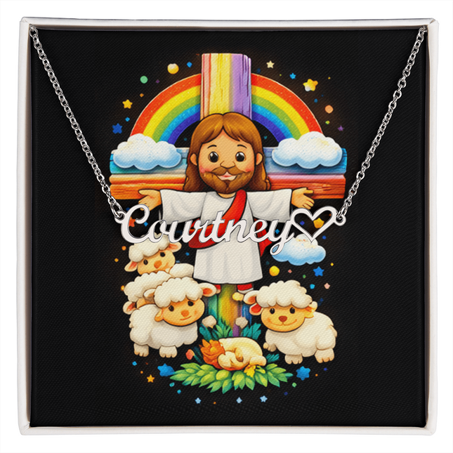 Rainbow Cross Jesus and Lambs | Christian Heart Name Necklace | Gift for Kids