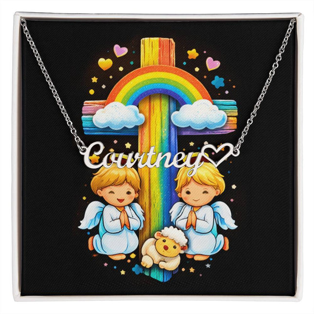 Rainbow Cross Cherub Angels | Christian Heart Name Necklace | Gift for Kids