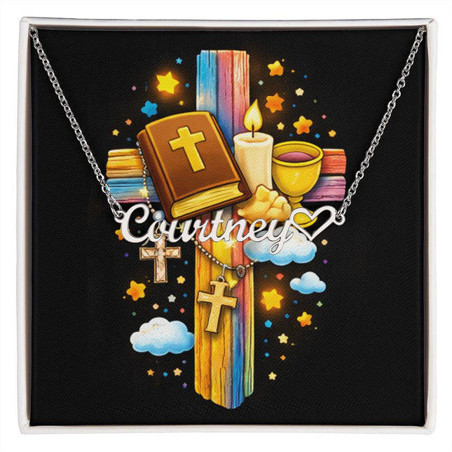 Rainbow Cross Bible And Cross | Christian Heart Name Necklace | Gift for Kids