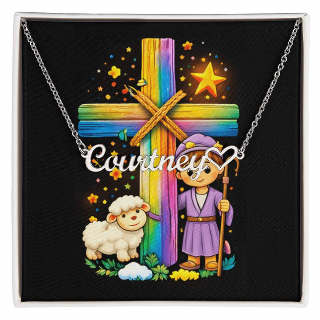 Rainbow Cross Little Shepherd | Christian Heart Name Necklace | Gift for Kids