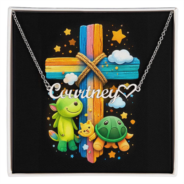 Rainbow Cross Turtle | Christian Heart Name Necklace | Gift for Kids